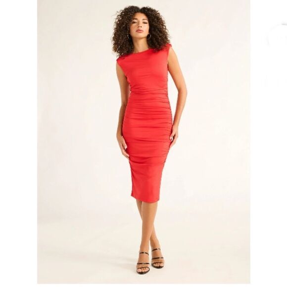 Women's Red Plus Sleeveless Open Back Midi Dress, Below Knee Length, Size XXXL - Picture 1 of 10